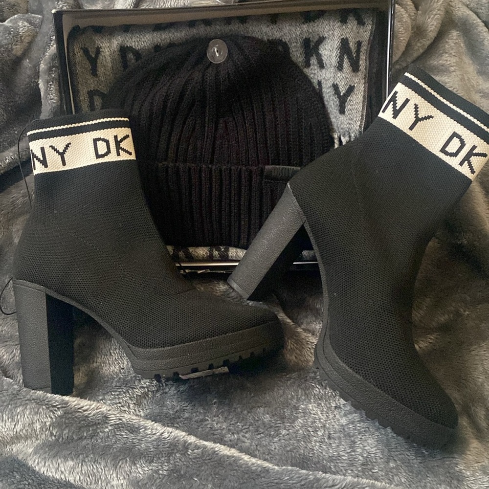 DKNY Bundle Set Hat, Scarf, Size 6.5 ankle boots with heel.